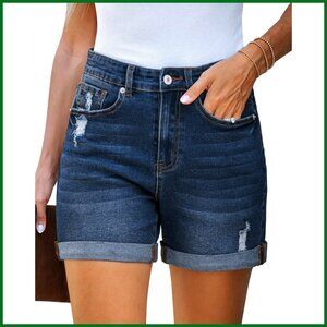 Stretchy High Waisted Ripped Denim Shorts with Pockets Distressed